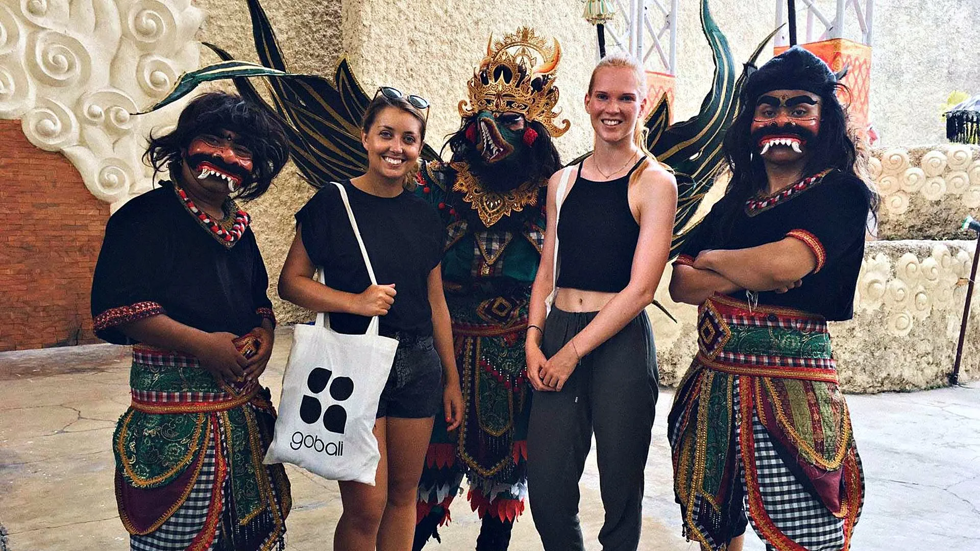GoBali students with Barong dancers in traditional costume in Bali
