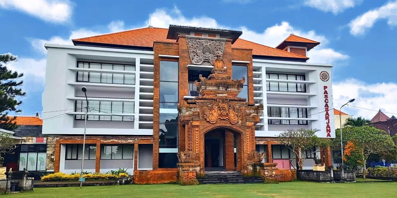 Building of Ngurah Rai University with a Balinese gate, Denpasar, Bali