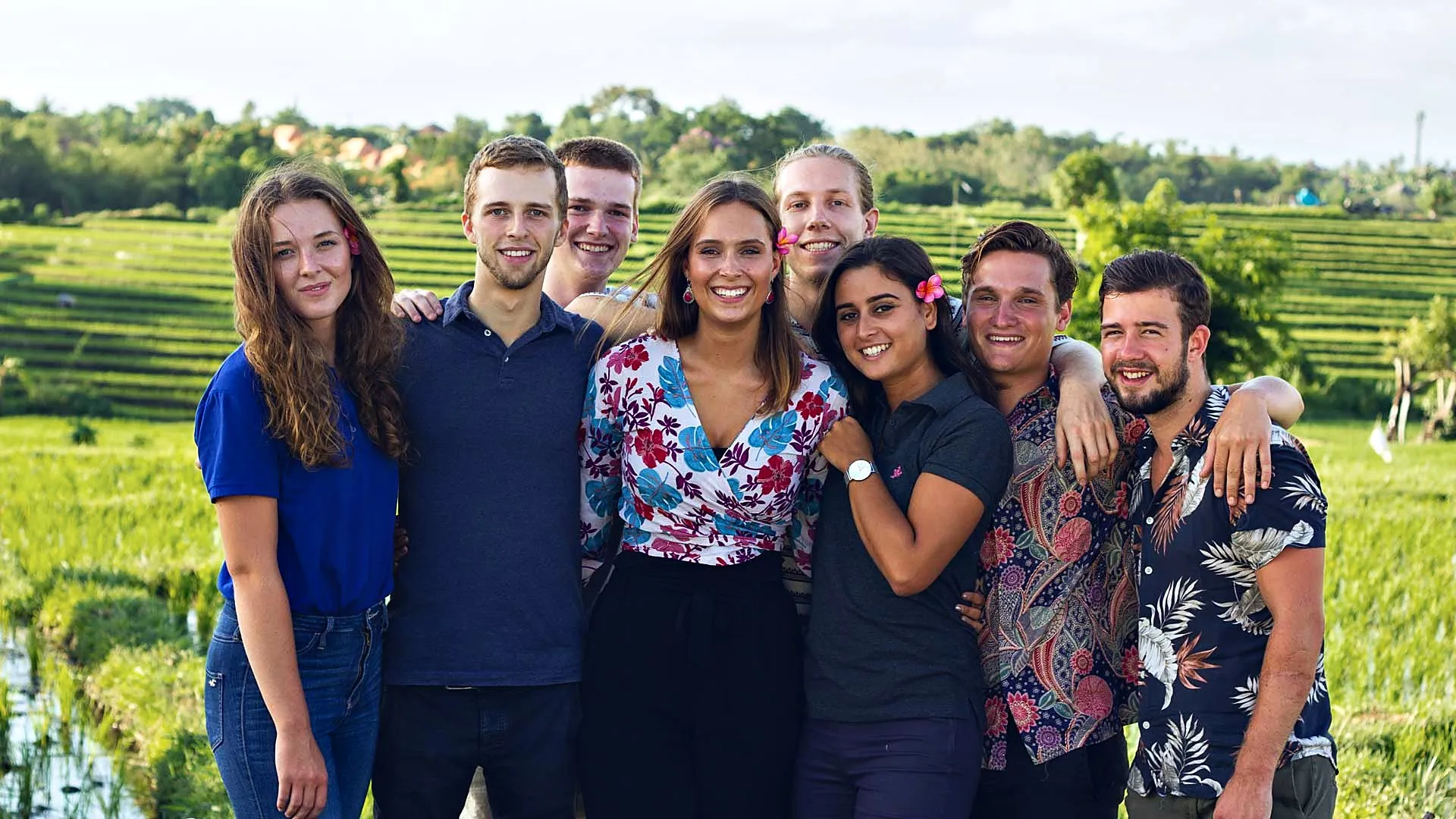 Group of GoBali students in the rice fields of Bali